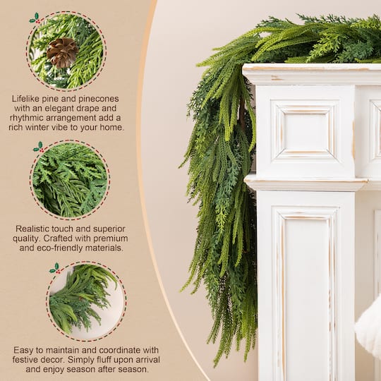 Glitzhome® 9ft. Christmas Full Greenery Mixed PE Dripping Garland with Pinecones, Set of 2